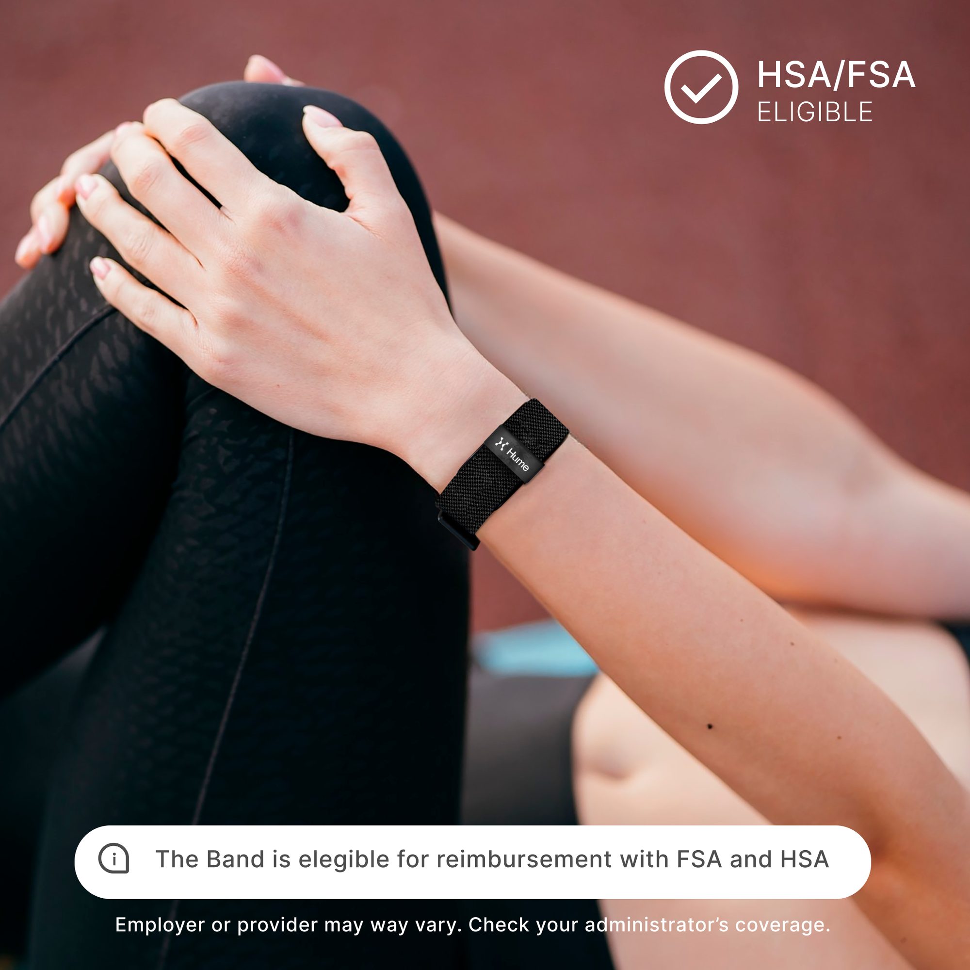 Person wearing black fitness band on wrist while holding black water bottle, HSA/FSA eligible badge visible
