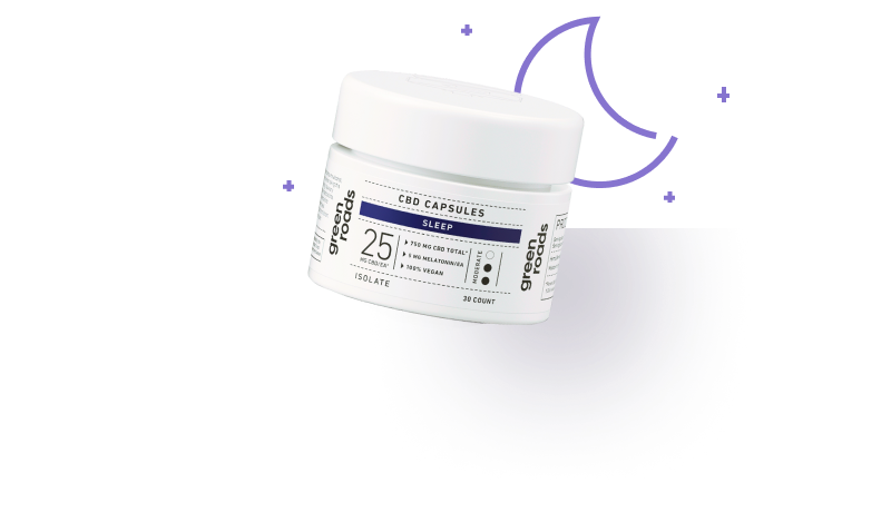 White jar of CBD sleep capsules decorated with purple moon and star symbols