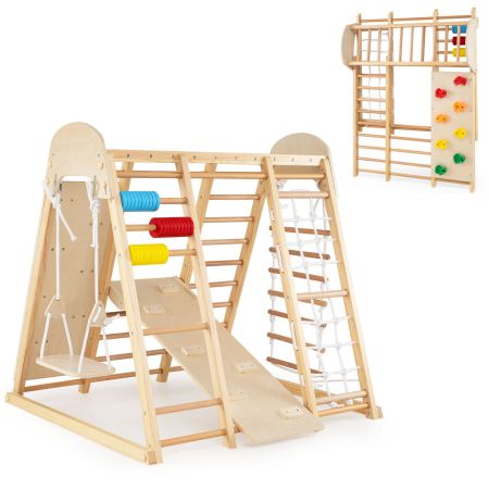 Houten klimrek met glijbaan, klimwand en kleurrijke ringen