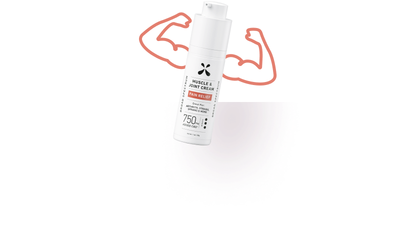 White topical cream bottle with red muscular arm illustrations flanking it
