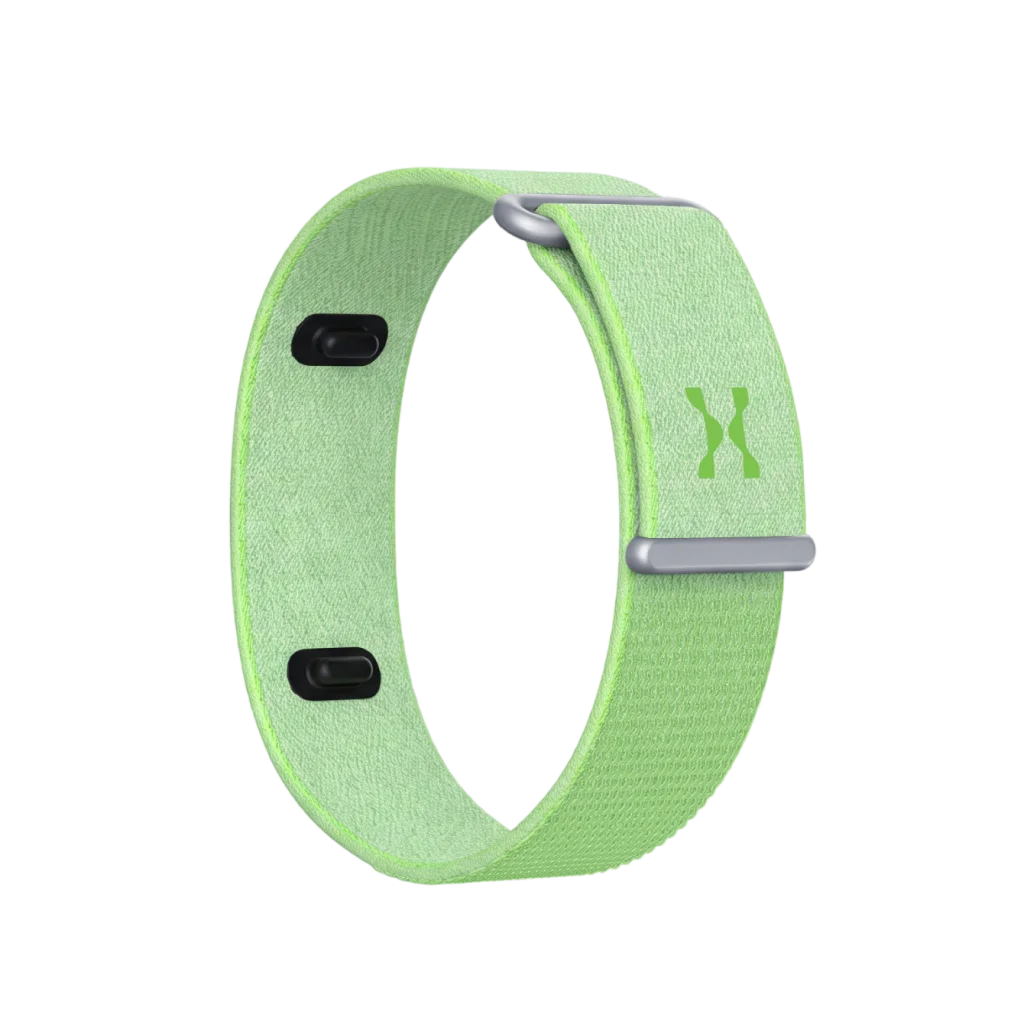 Lime green fabric fitness band with black sensor pods and gray buckle shown from front angle