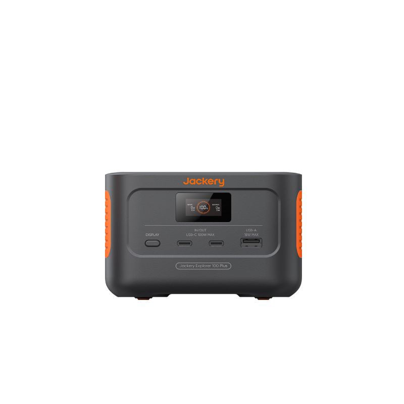Front view of compact power station showing digital display, control buttons, and output ports on dark gray housing