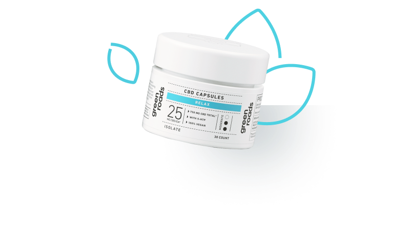White jar of CBD capsules with teal leaf graphics surrounding the container