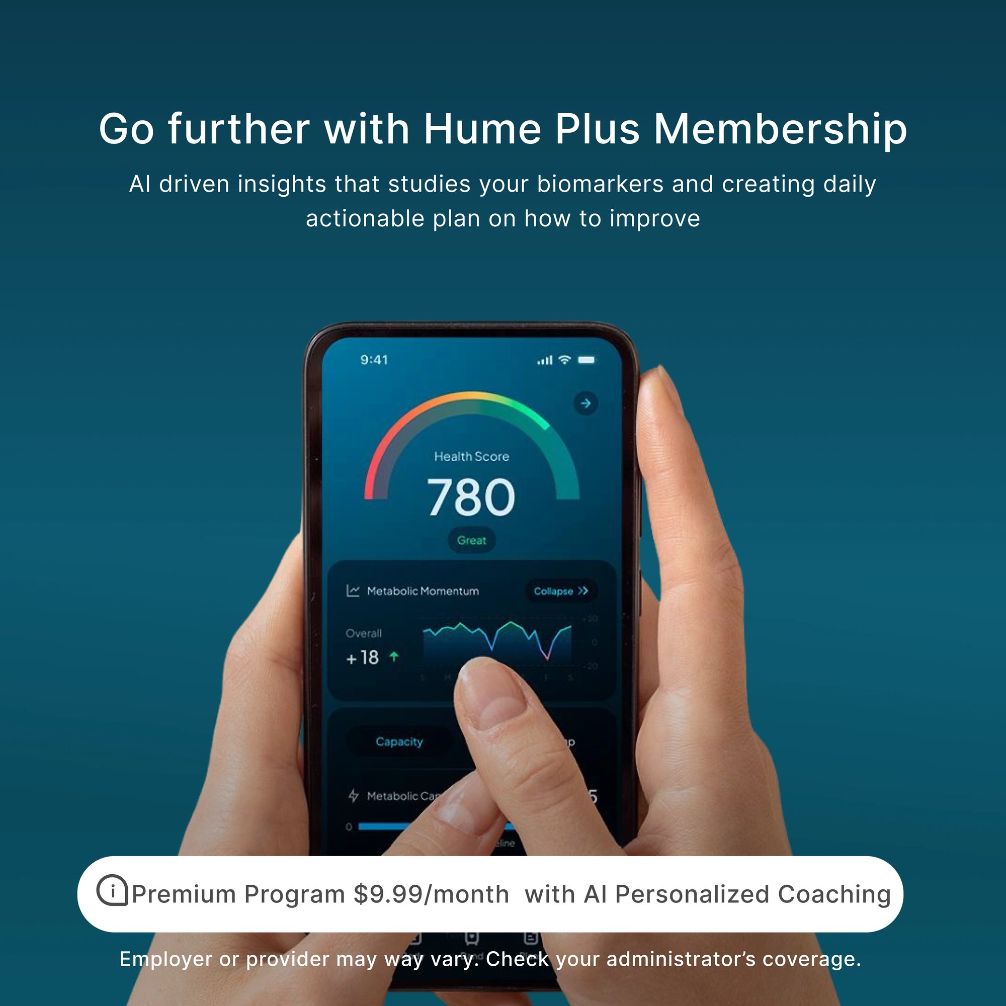 Smartphone displaying health score of 780 with metabolic momentum chart and AI coaching program details