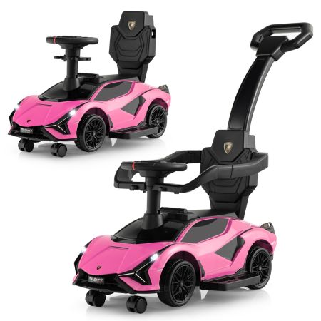 Roze speelgoedauto met afneembare steunbalk en zwarte zitting, drie weergaven