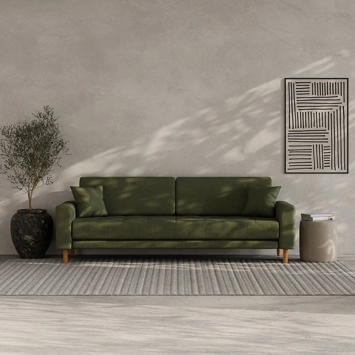Grünes Ledersofa mit Holzbeinen in minimalistischem Wohnzimmer mit grauem Betonwandhintergrund