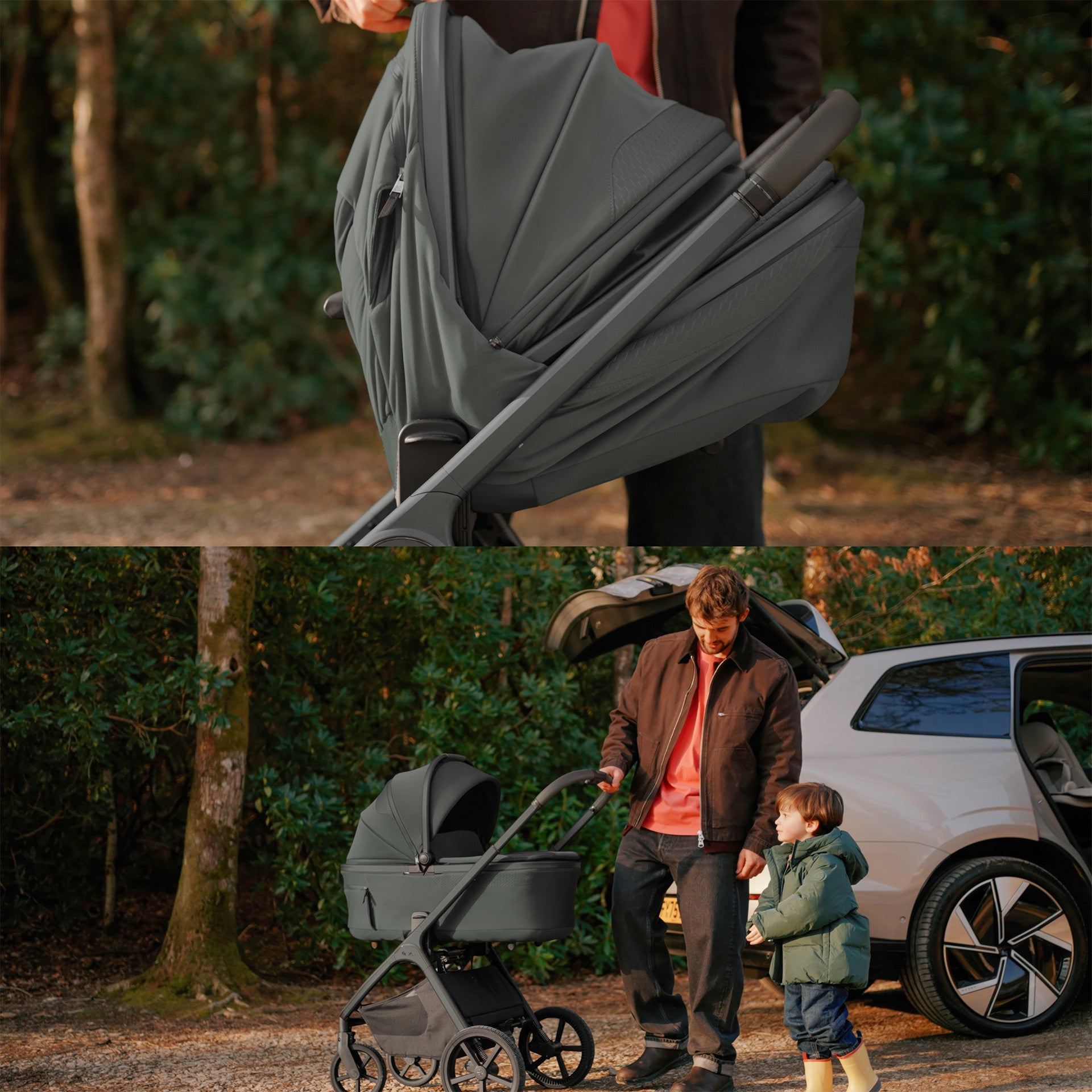 Adult pushing green pushchair with young child walking alongside on tree-lined path near parked car