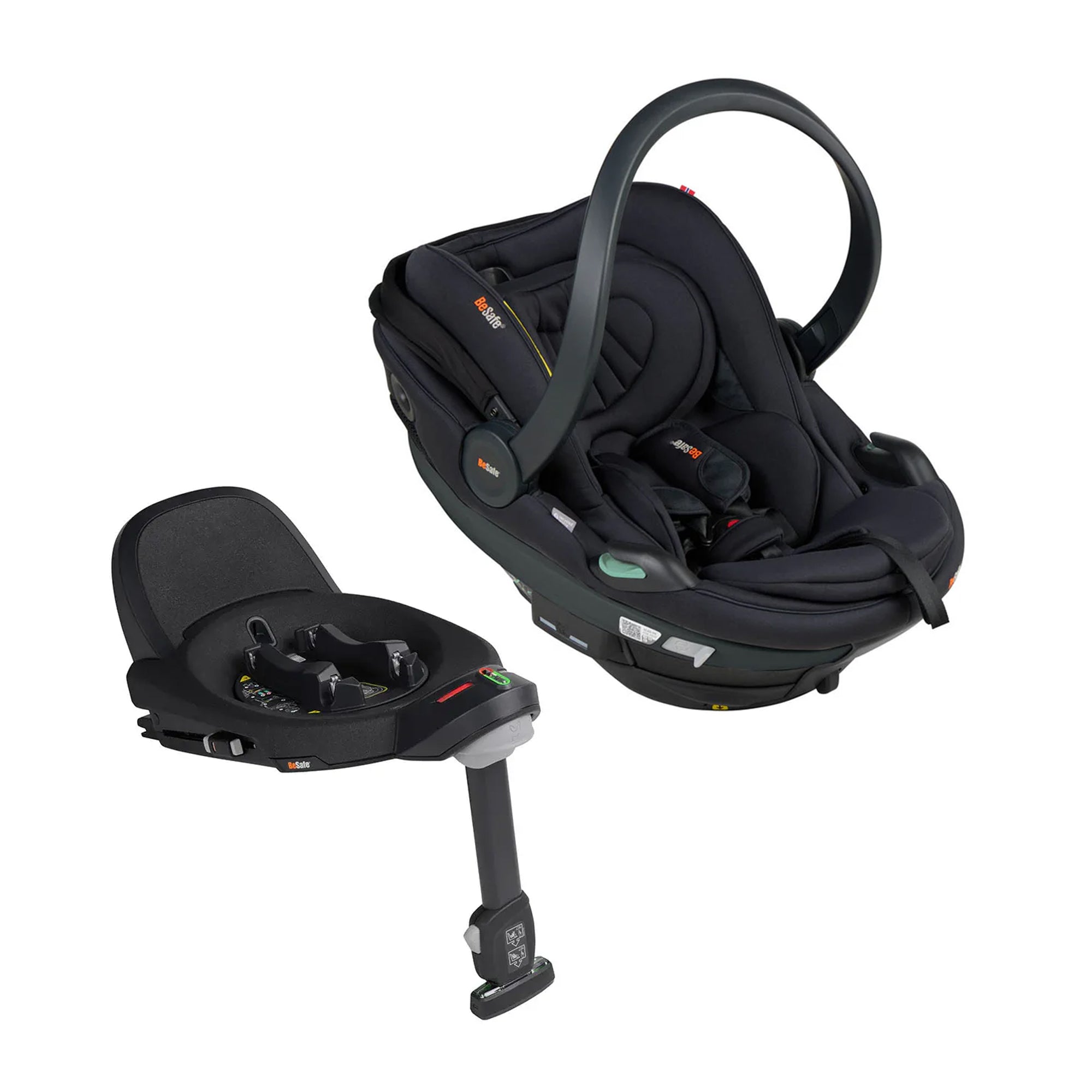 Black infant car seat with matching base unit shown from two angles