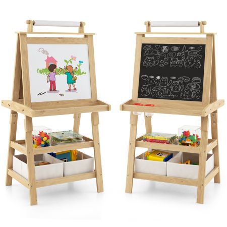 Houten dubbelzijdige speelkast met whiteboard en zwartbord, met opbergvakken